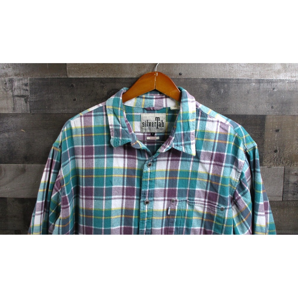Levi's SilverTab Shirt Mens Medium Green Purple Plaid Flannel Oversized Cotton